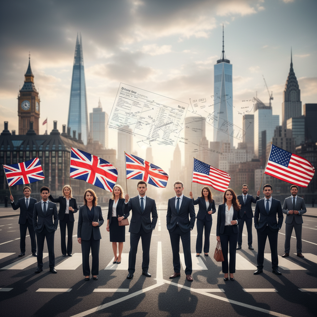 A diverse group of people, some holding UK flags and others US flags, standing at a crossroads with blurred cityscapes of London and New York in the background, symbolizing dual residency and taxation challenges. Photorealistic, wide shot, natural lighting.
