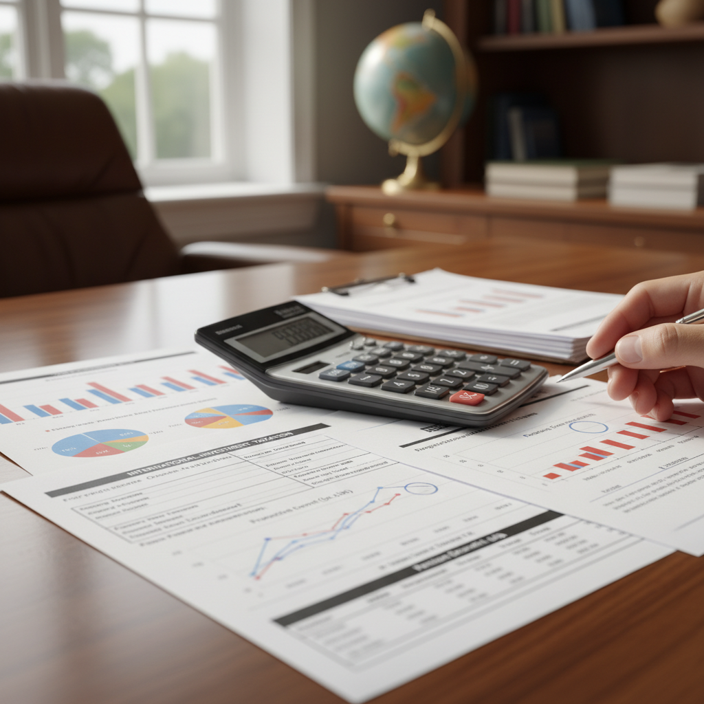 A detailed close-up of financial documents with charts, graphs, and a calculator, illustrating complex tax calculations related to international investments and pensions, in a formal office setting. Photorealistic, natural light, shallow depth of field.