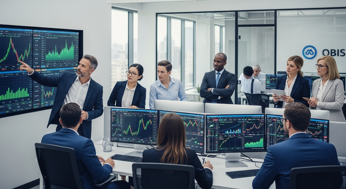 A diverse group of business professionals in a modern office looking at stock market data on multiple screens, showing financial growth charts, photorealistic, wide shot