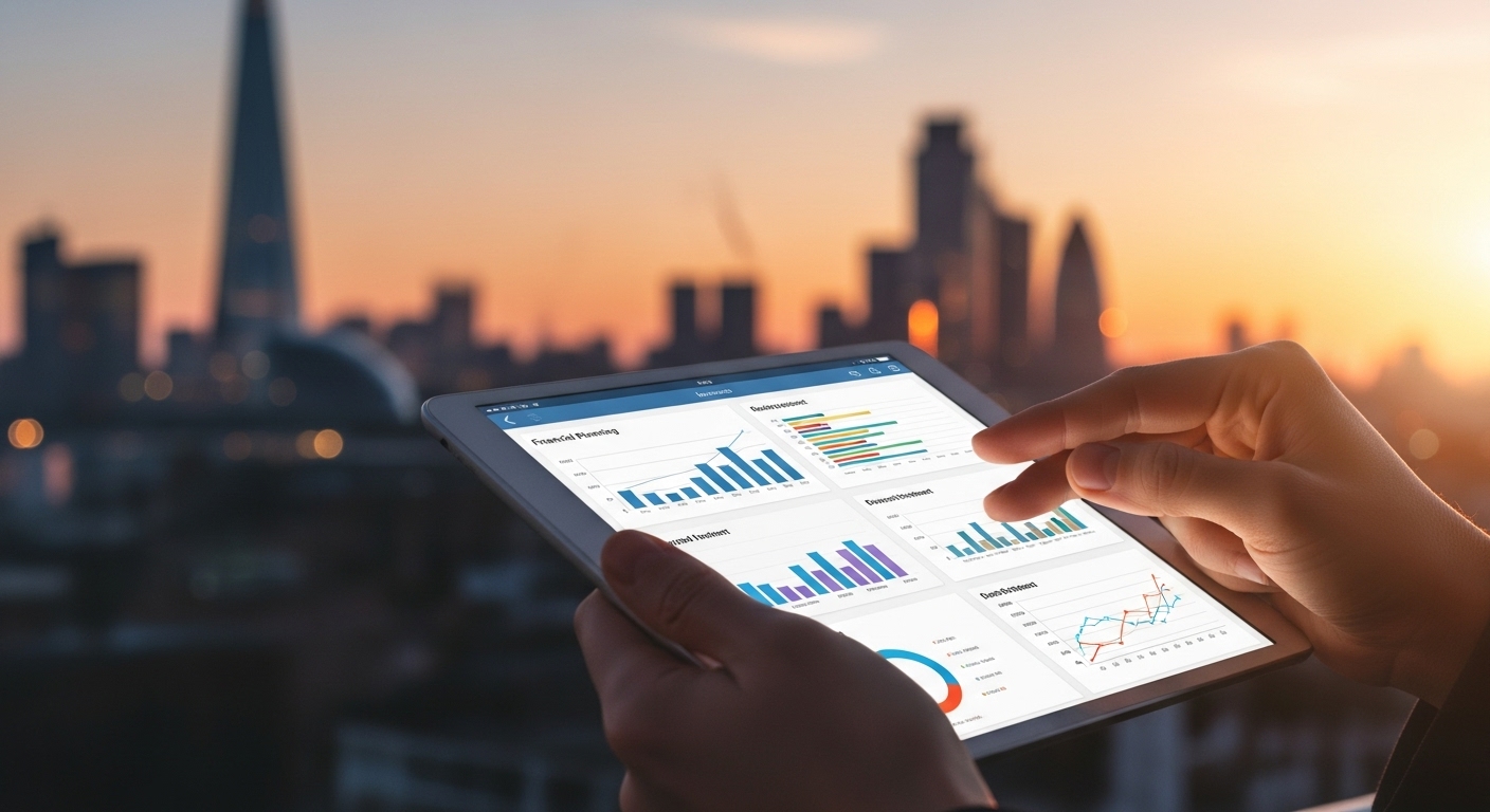 A close-up of hands holding a tablet displaying financial planning apps and charts, with a blurred background of a modern UK cityscape at sunset, professional, warm lighting, photorealistic