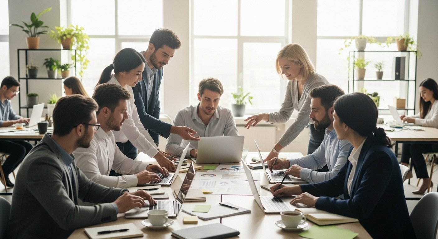 A diverse group of business professionals in a modern, sunlit co-working space, collaborating around a large table with laptops and documents. The atmosphere is innovative and dynamic. Photorealistic, high detail.