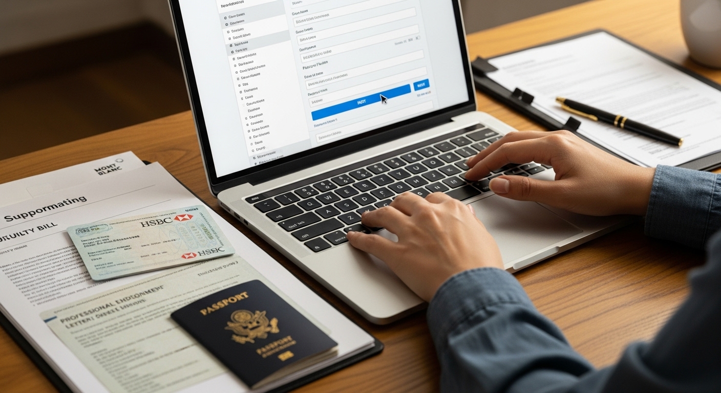 A person's hands meticulously filling out an online visa application form on a laptop, surrounded by neatly organised supporting documents like a passport, bank statements, and a professional endorsement letter. Focus on detail and process. Photorealistic, soft lighting.