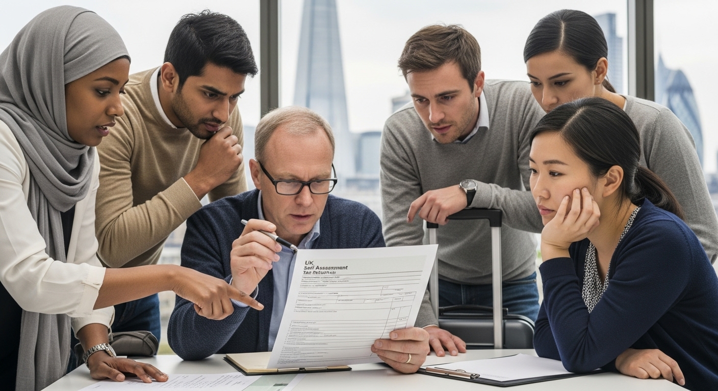 A diverse group of people from different countries, some with suitcases, looking thoughtfully at a UK tax form with a blurred London cityscape in the background, realistic, soft lighting