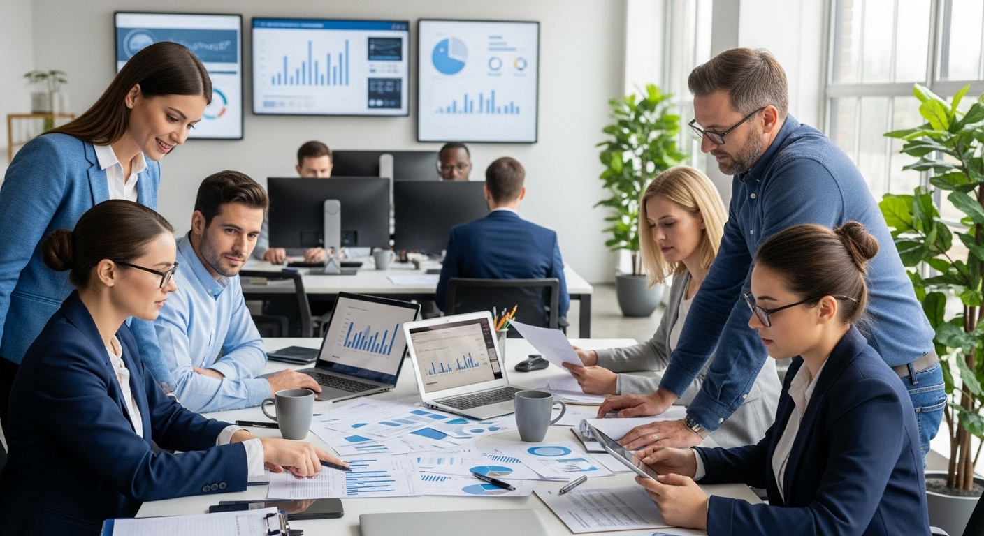 A professional, modern office setting with a diverse team of accountants collaboratively discussing financial documents, computers and charts in the background, natural light, corporate environment