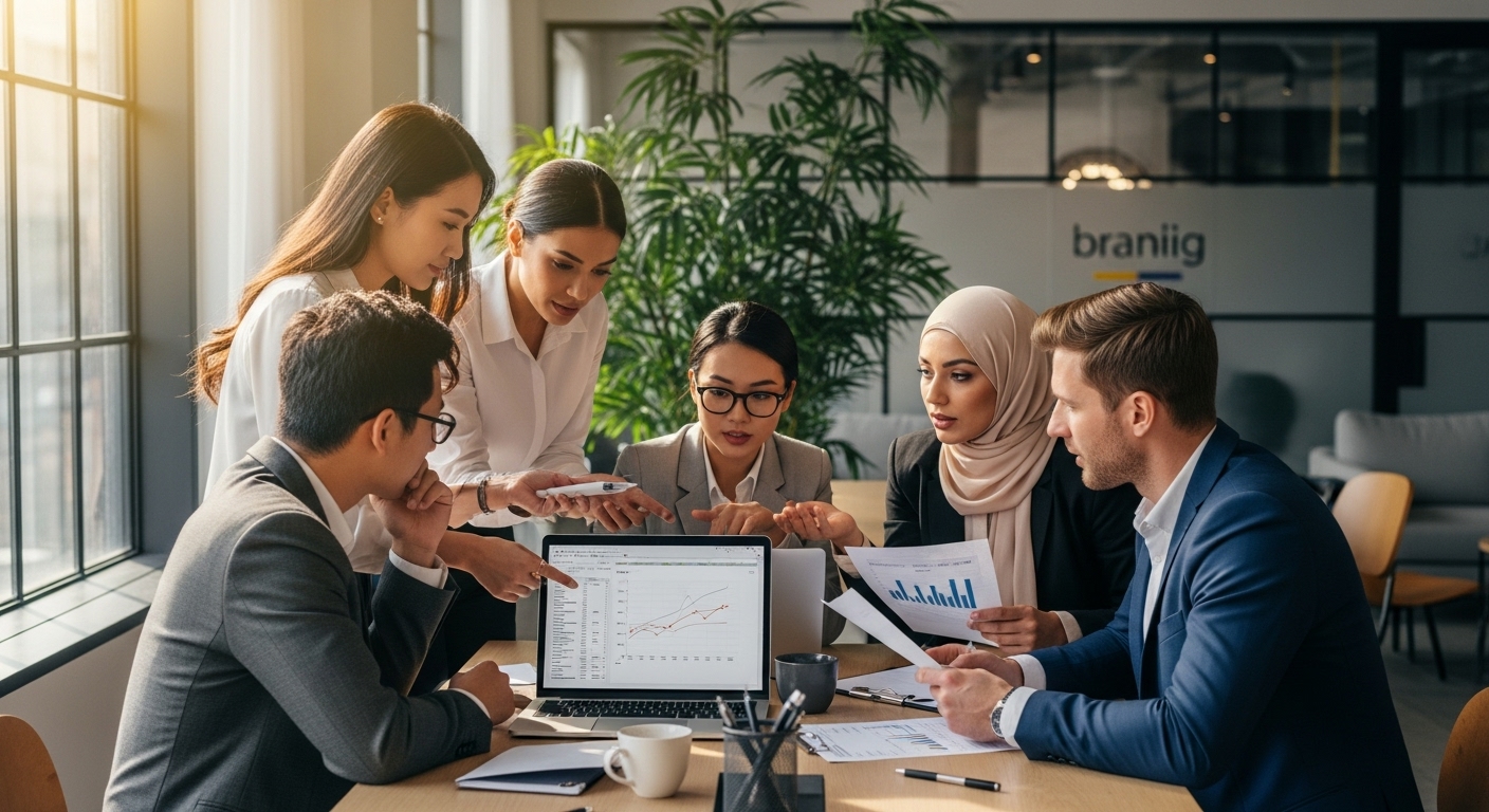 A diverse group of business professionals from different nationalities collaborating on a laptop in a modern, sunlit co-working space, discussing financial documents. Photorealistic.