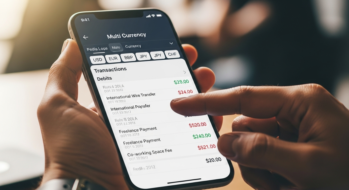 A close-up shot of a smartphone screen displaying a banking app interface with multi-currency options and transaction history, held in the hand of an expat entrepreneur. Photorealistic, soft natural lighting.