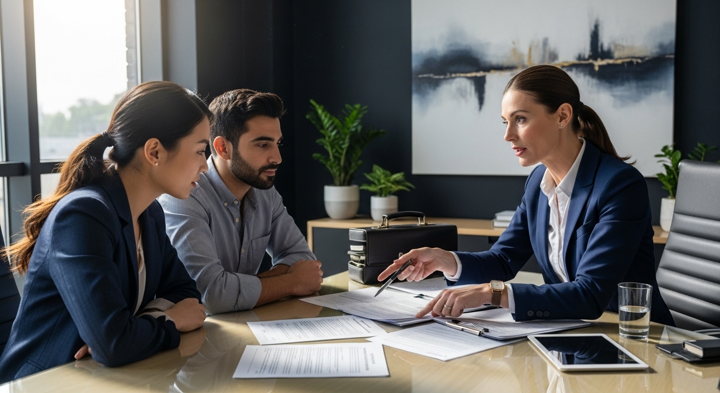 A diverse expat couple in a modern, well-lit office, attentively listening to a professional immigration lawyer who is explaining complex legal documents. The lawyer is dressed in a smart suit, gesturing towards papers, while the couple looks engaged and reassured. Photorealistic, detailed.