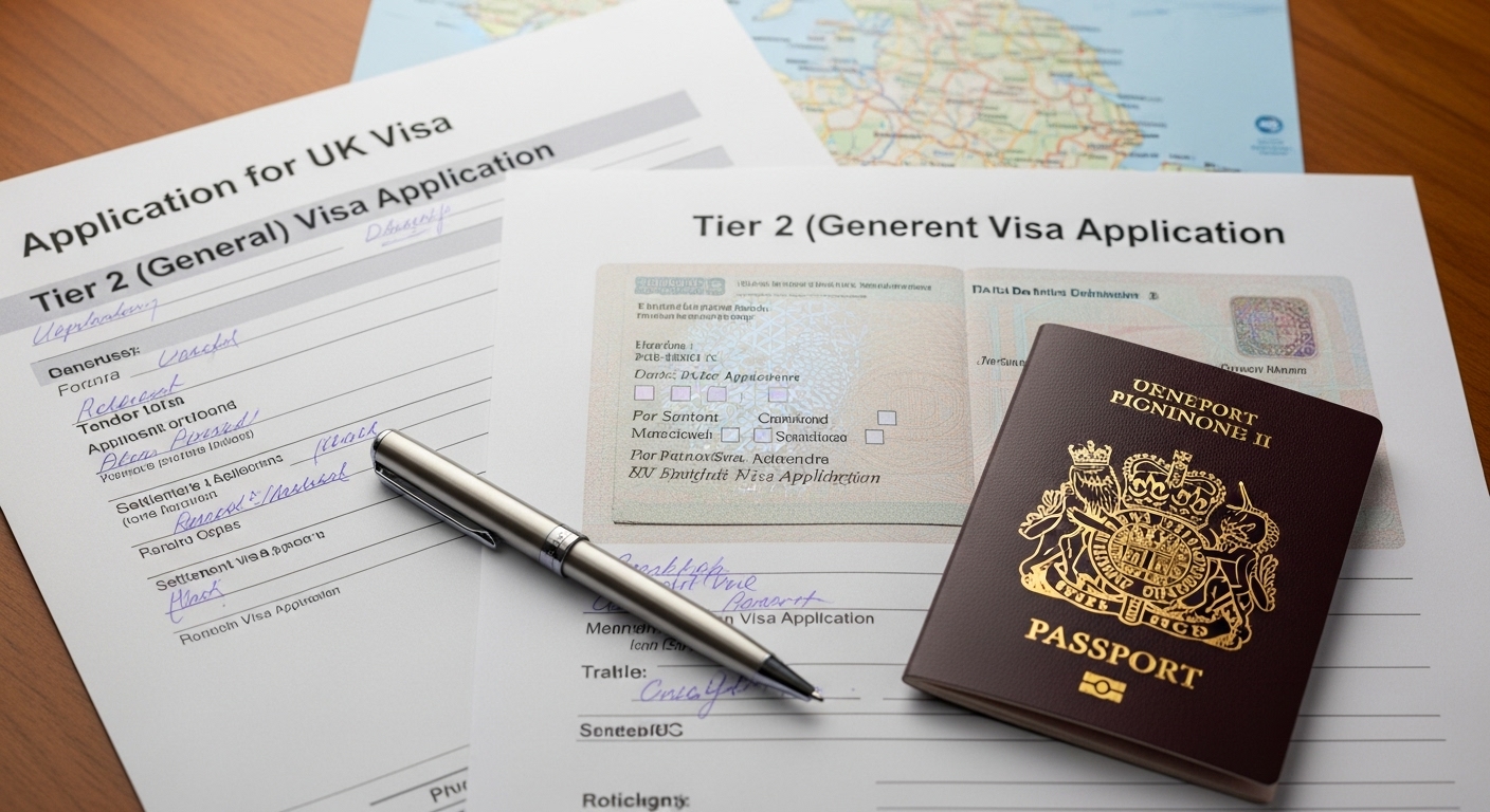 A detailed flat lay shot of various UK visa application forms, a British passport, and a pen neatly arranged on a wooden desk. In the background, a subtle, blurred map of the UK is visible. The lighting is soft and professional, highlighting the importance of documentation. Photorealistic, high detail.
