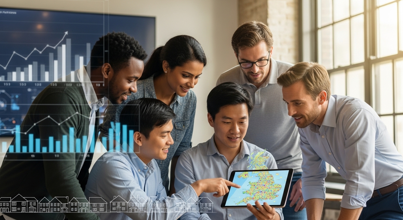 A diverse group of people, representing different nationalities, looking at a digital map of the UK on a tablet, with financial charts and house silhouettes subtly in the background. The setting is modern and bright, with a sense of hopeful planning. Photorealistic.
