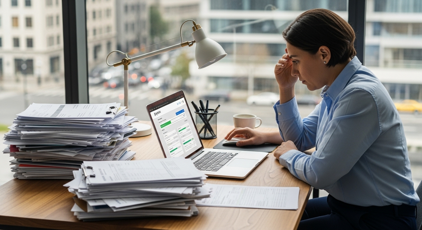 A person with a stack of financial documents and a laptop, looking slightly overwhelmed but determined, sitting at a modern desk with a window showing a blurry cityscape. The atmosphere is detailed and realistic, conveying the application process. Photorealistic.