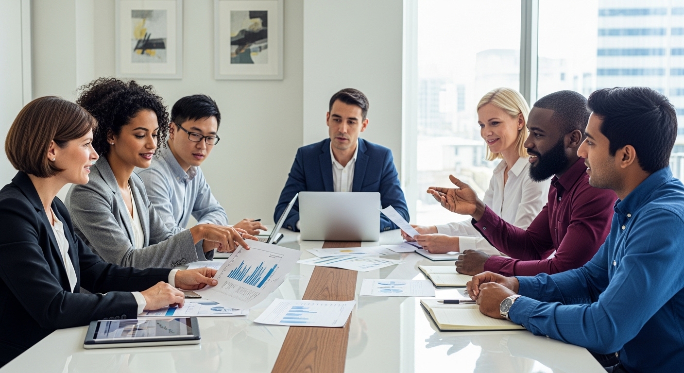 A diverse group of expat professionals from different ethnic backgrounds sitting around a modern conference table, looking at documents and discussing financial plans with a friendly, professional tax advisor. The scene is bright and collaborative, photorealistic.
