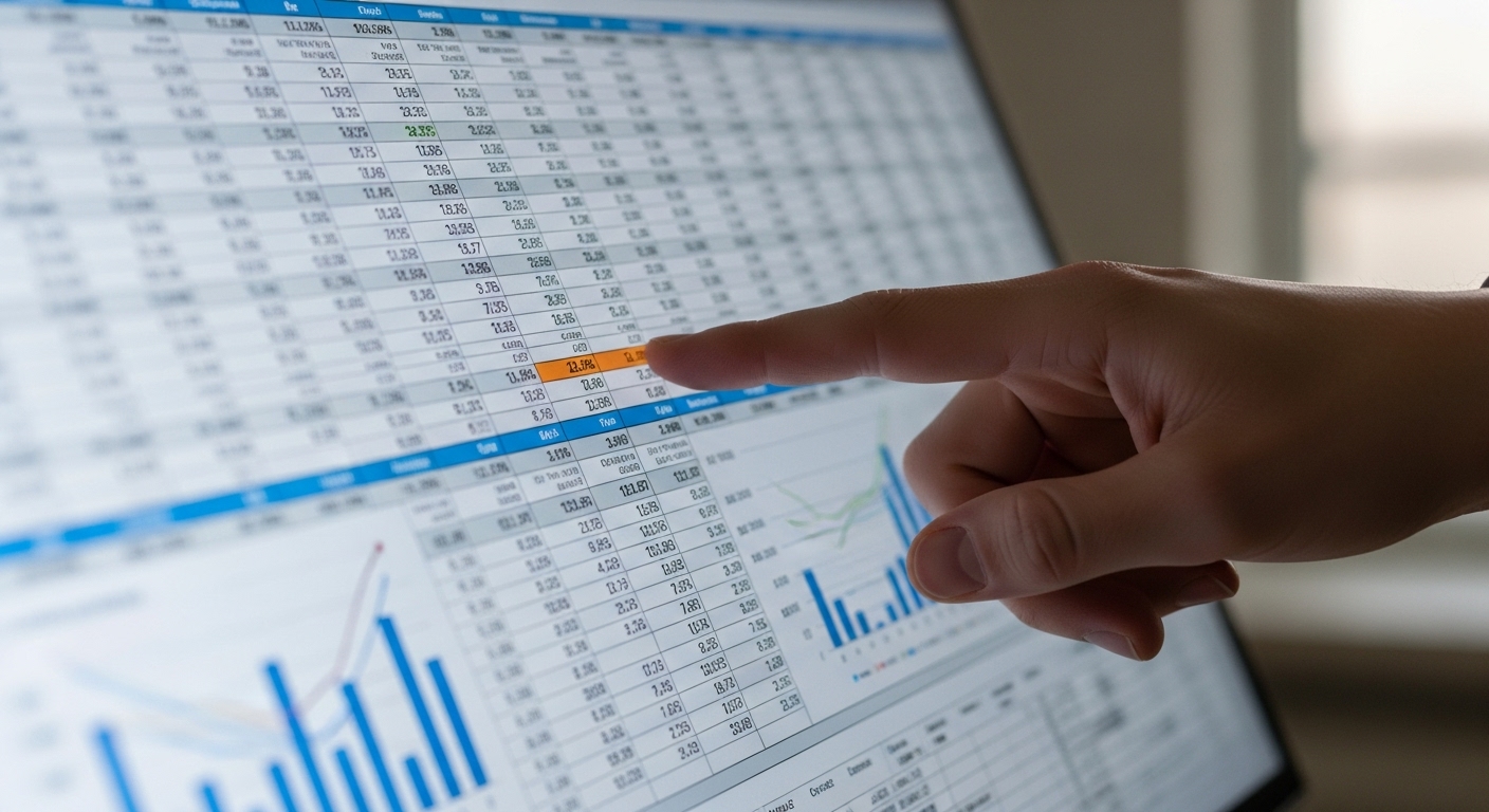A detailed financial spreadsheet with complex numbers and charts, overlaid with a person's hand pointing at a specific section, suggesting careful analysis and planning. The background is a blurred office environment, photorealistic.