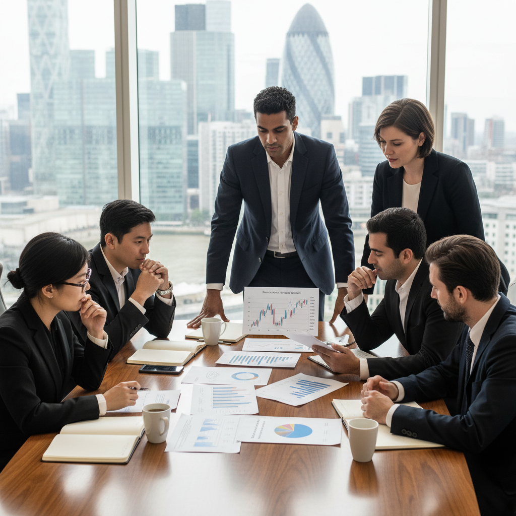 A diverse group of expats from different backgrounds, thoughtfully looking at financial charts and documents on a table, symbolizing various financial challenges and opportunities in the UK. The scene is bright and professional, with a sense of contemplation and collaboration, photorealistic.