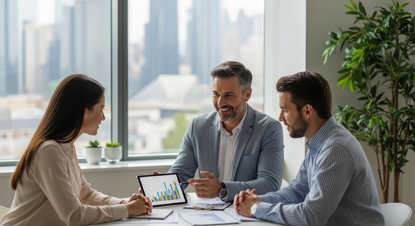 A professional financial advisor, a man in his late 40s with a reassuring smile, explaining complex financial concepts to an expat couple in a modern, well-lit office. They are seated at a round table, looking engaged and understanding. The background shows blurred city views through a window, photorealistic.