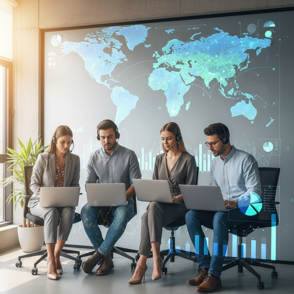 A diverse group of business professionals from various backgrounds collaborating remotely on laptops, with a world map overlay and digital graphs in the background, representing global business and teamwork, photorealistic