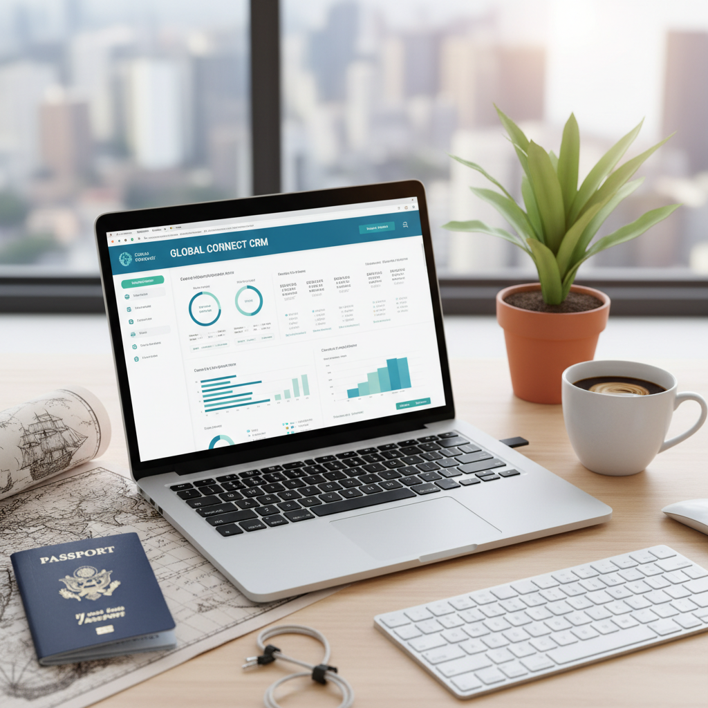 A vibrant, clean desktop setup with a laptop displaying a CRM dashboard, surrounded by a passport, a world map, coffee, and a small plant, symbolizing global business operations, photorealistic