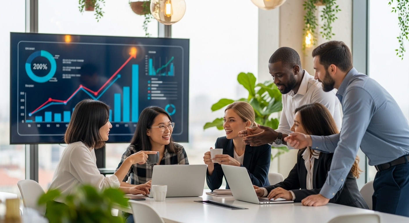 A diverse group of expat entrepreneurs happily collaborating in a modern co-working space, with charts and graphs on a digital screen in the background, showcasing business growth, photorealistic