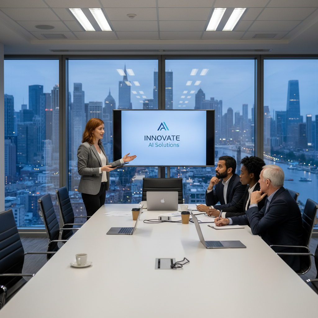 An expat entrepreneur confidently pitching their startup idea to a panel of diverse angel investors in a sleek boardroom, with city skyline visible through the window, photorealistic