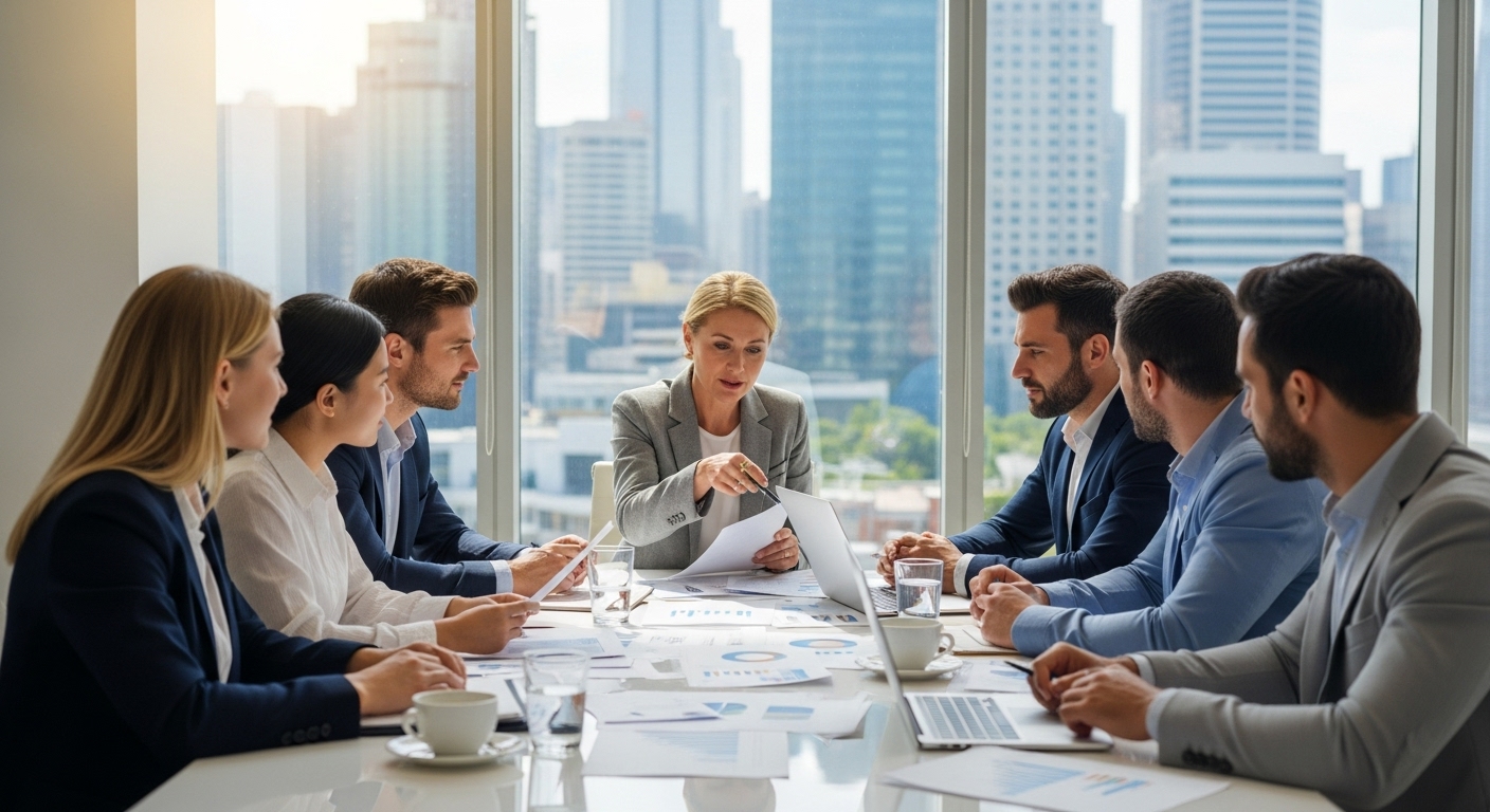 A diverse group of expats, dressed in smart casual attire, sitting around a modern conference table, reviewing property documents and discussing investment strategies with a professional financial advisor. The setting is a bright, airy office with a city skyline in the background, photorealistic