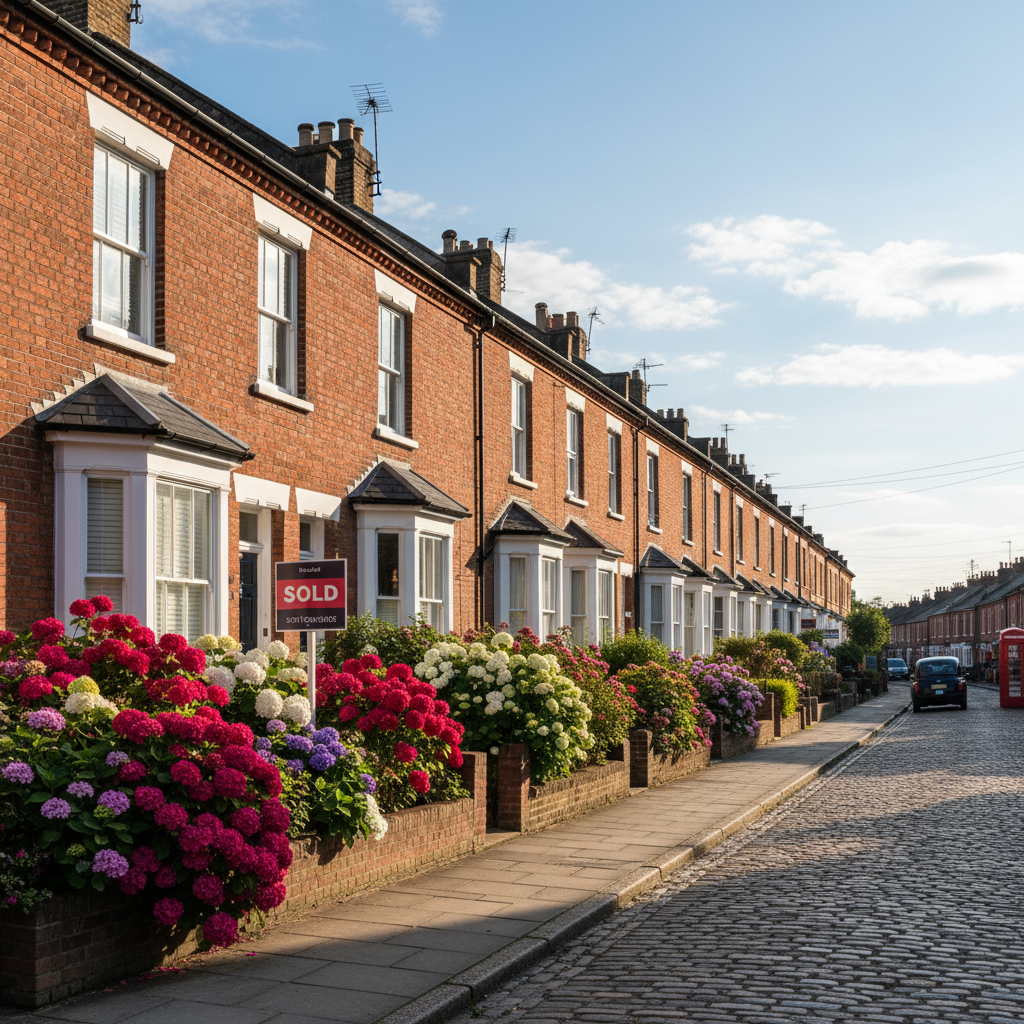 A picturesque, quintessentially British street with charming red brick terraced houses under a clear blue sky. A 'Sold' sign is visible outside one of the houses, and blooming flowers add color to the scene, photorealistic, cinematic lighting