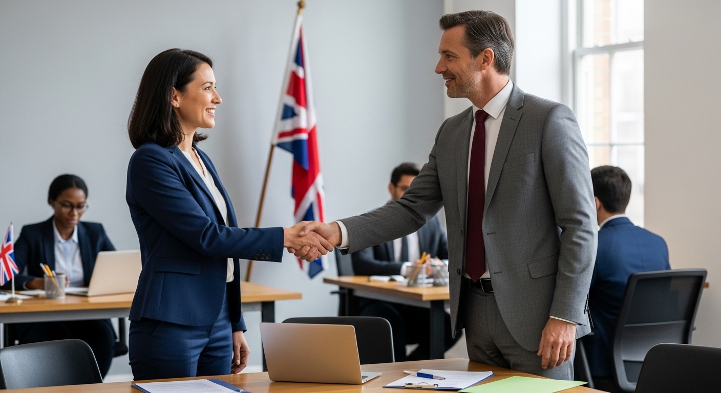 A diverse group of people, one expat woman, formally dressed, shaking hands with a Companies House representative in a modern, professional office setting, with a UK flag subtly in the background, photorealistic