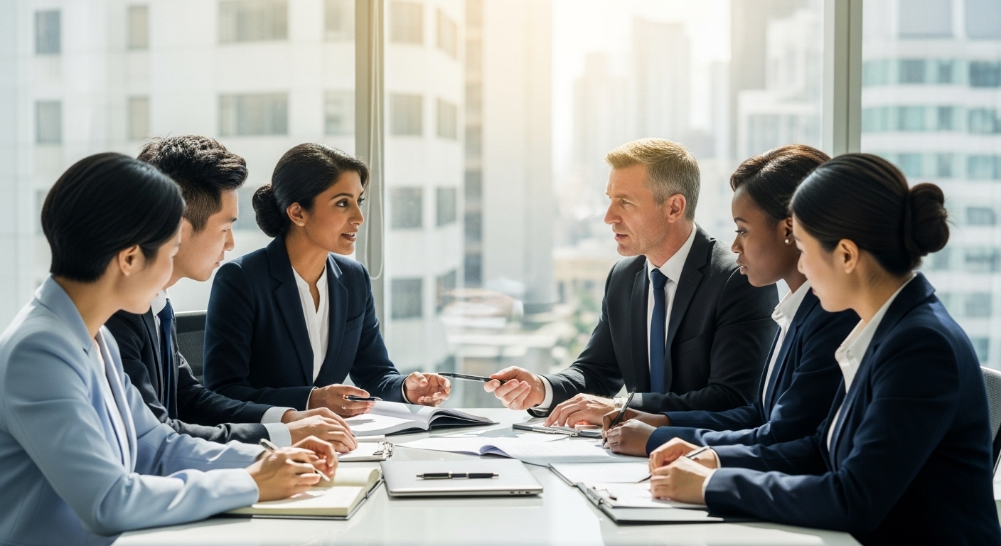 A diverse business team, including an expat, having a meeting with a financial advisor or lawyer in a modern, bright office, discussing legal documents, photorealistic