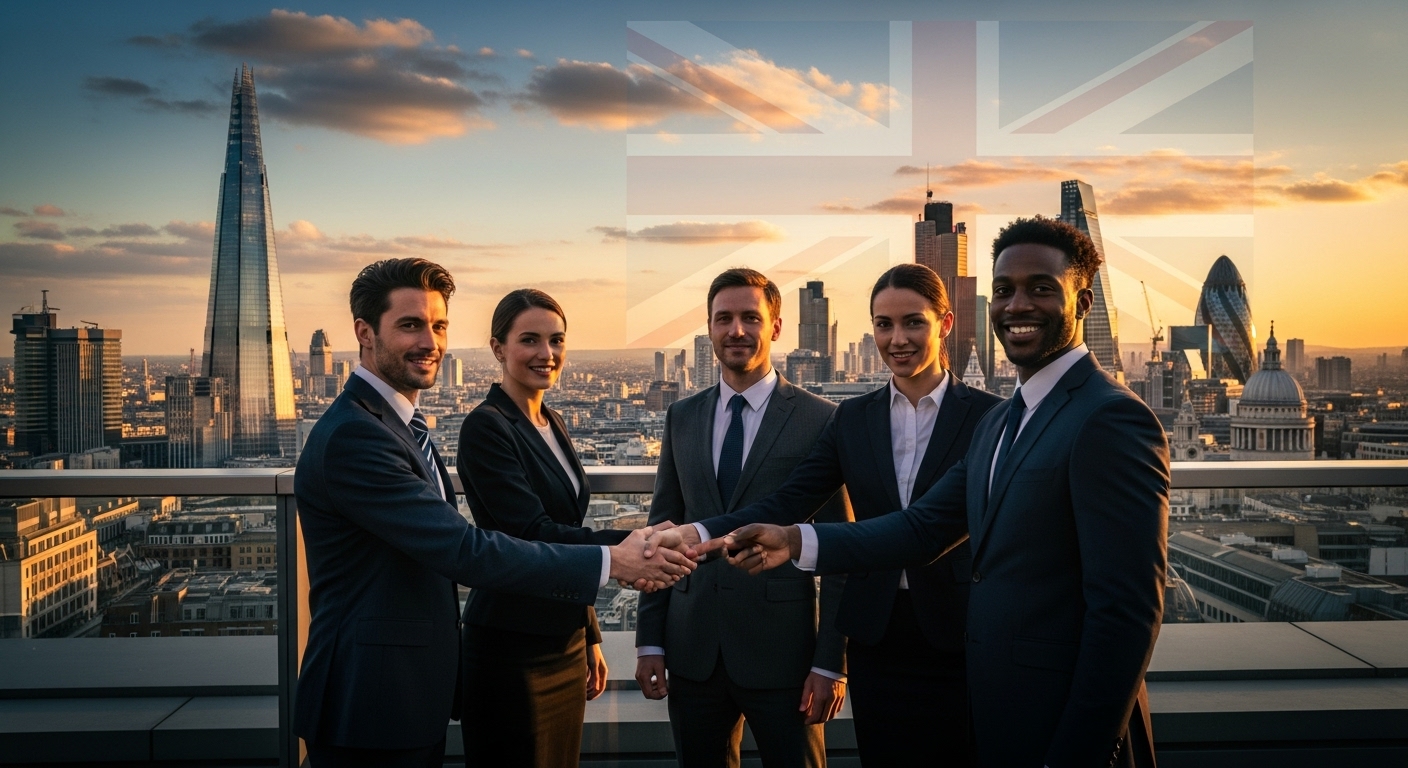 A diverse group of international business professionals shaking hands in front of the London skyline at sunset, with a subtle Union Jack flag element in the background, professional and aspirational, photorealistic.