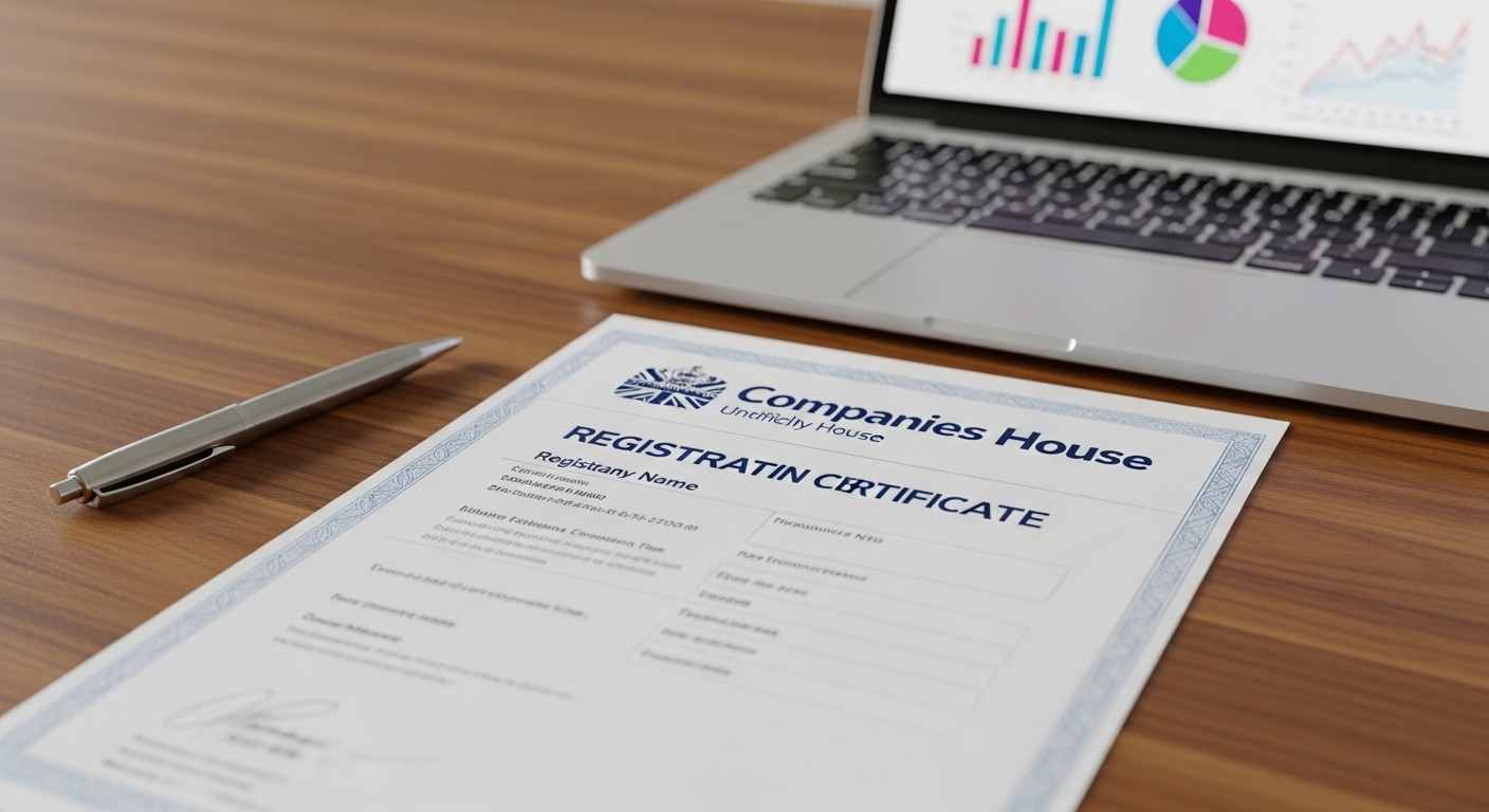 A detailed close-up shot of a Companies House registration certificate on a desk next to a pen and a laptop displaying business charts, representing legal documentation and digital processing, professional, photorealistic.